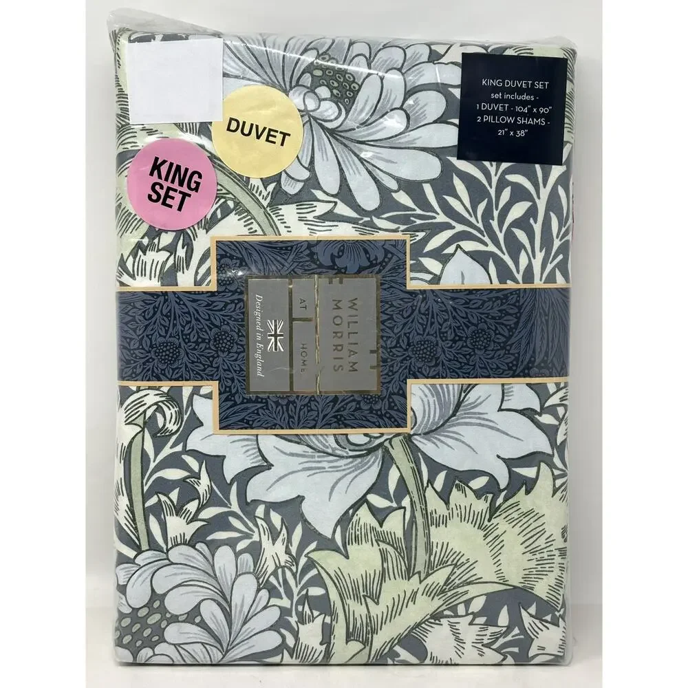 William Morris Chrysanthemum Sea Blue Green King Duvet Cover Set Cotton Sateen